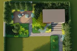 Widok z lotu ptaka na nowoczesny ogród z tarasem, domkiem i różnorodną roślinnością.