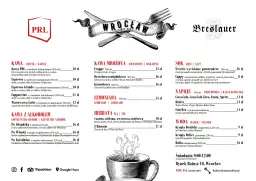Menu z napojami i kawami w stylu PRL, z logiem "PRL" i grafiką widelca i noża.