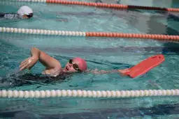 Dorosły uczy się pływać z deską, ćwicząc ruchy ramion. To pierwszy krok, jak nauczyć się pływać dorosły.