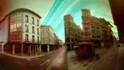 Ulica z zabytkowymi kamienicami, zniekształcona przez efekt fotografia otworkowa. Niebo ma surrealistyczny, turkusowy odcień.