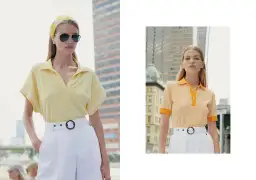 Dwie kobiety w letnich stylizacjach. Jedna w żółtej bluzce polo i białych szortach, druga w pomarańczowej. Czy białe spodnie pogrubiają? Te szorty wyglądają świetnie!