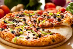 Gorąca pizza z ciągnącym serem, oliwkami i papryką na desce.