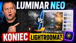 Mężczyzna zszokowany porównuje edycję zdjęć w Luminar AI i Lightroom, pokazując różnice w obróbce krajobrazu.