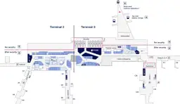 Plan lotniska Kopenhaga Kastrup: Terminal 2 i 3, bramki A, B, C, D, E, F, strefa bezpieczeństwa, Tax Free, metro i pociąg.