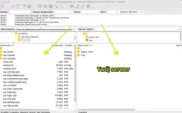 FileZilla pokazuje, jak zainstalować WordPress na serwerze, przesyłając pliki do katalogu public_html.