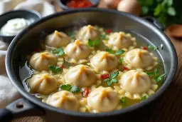 Jak gotować pierogi? W garnku bulgocze aromatyczny bulion z pierożkami, ozdobiony natką pietruszki i papryczką chili.