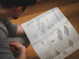 Mężczyzna czyta instrukcję montażu mebli z rysunkami technicznymi.