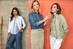 Trzy kobiety w casualowych stylizacjach. Jedna w białej marynarce i dżinsach, druga w dżinsowej koszuli i beżowej spódnicy, trzecia w zielonej kurtce i białych spodniach. Idealny stroj na poprawiny.