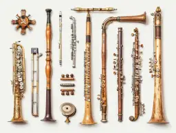 Różnorodne instrumenty dęte drewniane i blaszane, w tym klarnety, flety i saksofon, ułożone na białym tle.