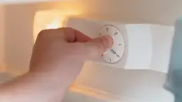 Dłoń kręci pokrętłem termostatu w lodówce, ustawiając temperaturę.