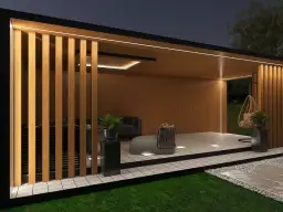 Nowoczesna altana z oświetleniem LED, idealna jako lampa do oświetlenia podwórka. Wygodne meble i huśtawka zapraszają do relaksu.