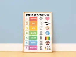 Plakat "ORDER OF ADJECTIVES" wyjaśnia kolejność przymiotników angielski: opinia, rozmiar, wiek, kształt, kolor, pochodzenie, materiał.