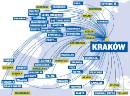 Mapa pokazuje liczne **tanie loty Kraków** do miast w Europie i Afryce Północnej, m.in. do Londynu, Berlina, Rzymu, Aten i Marrakeszu.