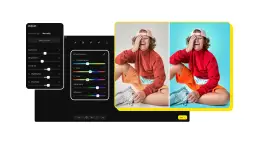 Dziecko w czapce i bluzie, obok panel edycji z suwakami do obróbki raw. Zdjęcie po lewej jest stonowane, po prawej żywsze.