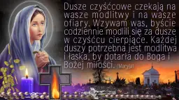 Matka Boska z modlącymi się dłońmi, płonąca świeca, krzyż i cmentarz o zachodzie słońca.