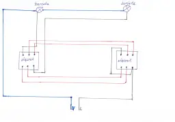 Schemat instalacji elektrycznej: łącznik schodowy podwójny steruje dwiema lampami.