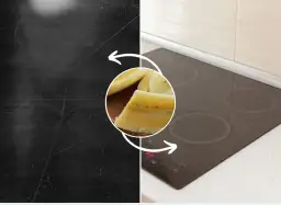 Zniszczona płyta indukcyjna obok czystej, z bananem w środku. Skuteczna ochrona płyty indukcyjnej.