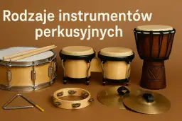 Różnorodne instrumenty perkusyjne: werbel z pałeczkami, bongosy, djembe, trójkąt, tamburyn i talerze.