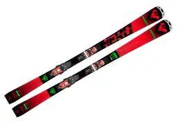 Narty Rossignol Hero, czerwono-czarne, z pomarańczowymi wiązaniami, gotowe na szybkie zjazdy.
