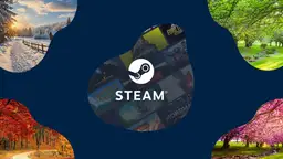 Logo Steam na tle kolaży z gier i zdjęć przyrody.