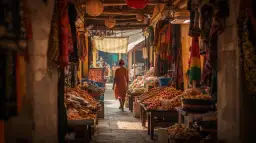 Kolorowy targ, gdzie leży mali, pełen owoców i tkanin.