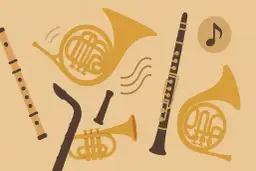 Jakie są instrumenty dęte? Zobaczmy: flet, klarnet, saksofon, trąbka i dwa rogi.