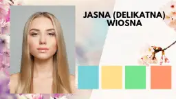 Portret kobiety o jasnych włosach, idealny dla typu urody wiosna. Obok paleta pastelowych barw: błękit, żółty, zieleń, brzoskwinia.