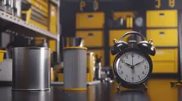 Filtr DPF i budzik na tle warsztatu z żółtymi szufladami.