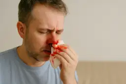 Mężczyzna z krwawiącym nosem przykłada do niego chusteczkę.