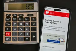 Kalkulator i smartfon z ekranem wyświetlającym Krajowy System e-Faktur (KSeF).