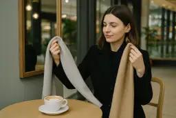 Kobieta w czarnym płaszczu wybiera szalik - jasnoszary i beżowy.