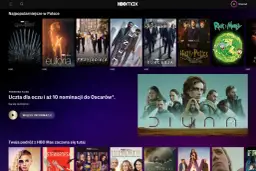 Ekran główny HBO Max z miniaturami popularnych seriali i filmów, w tym "Gra o Tron" i "Diuna".