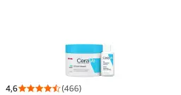 Dwa produkty CeraVe: duży słoik kremu i mała butelka żelu, oba z niebieskimi elementami.