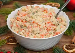 Pyszna sałatka jarzynowa, idealna na święta. W misce widać ziemniaki, marchewkę, groszek i inne warzywa, wszystko wymieszane z majonezem.