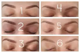 Sześć zdjęć przedstawiających brwi w różnych etapach gojenia makijażu permanentnego, ponumerowanych od 1 do 6.