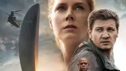 Plakat filmu science fiction z Amy Adams, Jeremym Rennerem, Forestem Whitakerem, helikopterem i obcym obiektem.
