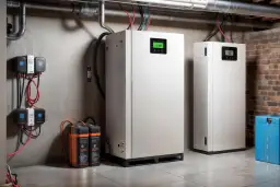 Białe magazyny energii, baterie i urządzenia sterujące w pomieszczeniu technicznym.