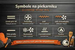 Grafika pokazuje symbole piekarnika. Termoobieg oznaczony jest wentylatorem w okręgu, co zapewnia równomierne pieczenie.