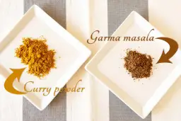 Na talerzykach: żółte curry powder i ciemniejsze garam masala. Poznaj różnice między tymi indyjskimi mieszankami przypraw.
