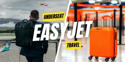 Homme avec sac à dos regardant un avion, valise orange et texte "EASYJET TRAVEL".