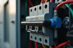 Wyłącznik nadprądowy z czerwonym i zielonym przyciskiem, podłączony do przewodów.