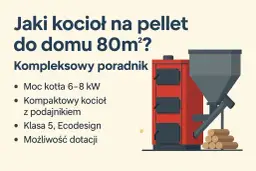 Ilustracja przedstawia nowoczesne kotły co na pellet, idealne do domu 80m². Poradnik omawia moc, kompaktowość i klasę energetyczną.