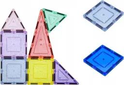 Kolorowe klocki magnetyczne Picasso tworzą wieżę i inne kształty.
