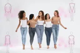 Pięć kobiet w dżinsach i topach, obok schematycznych sylwetek. Dowiedz się, jak zrobić dobre zdjęcie sylwetki.