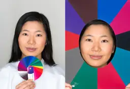 Kobieta z kołem barw, prezentująca paletę kolorów dla zimy. Po prawej jej twarz otoczona intensywnymi barwami.