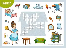 Ilustracja przedstawia różne meble po angielsku, takie jak łóżko, sofa, stół, a także akcesoria do sprzątania i inne przedmioty domowe.