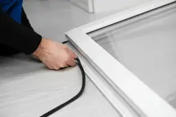 Ręce przykładają czarną uszczelkę do białej ramy okna, pokazując, jak przykleić uszczelkę do drzwi.