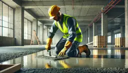 Budowlaniec w żółtym kasku i kamizelce odblaskowej pracuje z wylewką samopoziomującą, dbając o odpowiednią grubość podłogi.