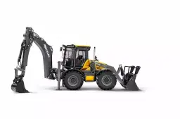 Żółto-czarna koparko-ładowarka Mecalac, idealna do prac budowlanych. Szukasz jaka koparko ładowarka do 30 tys.?