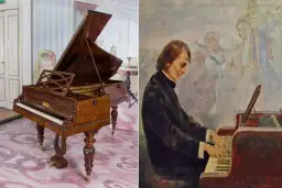 Stary fortepian Chopina, jak z wiersza, i malarski portret kompozytora przy instrumencie.